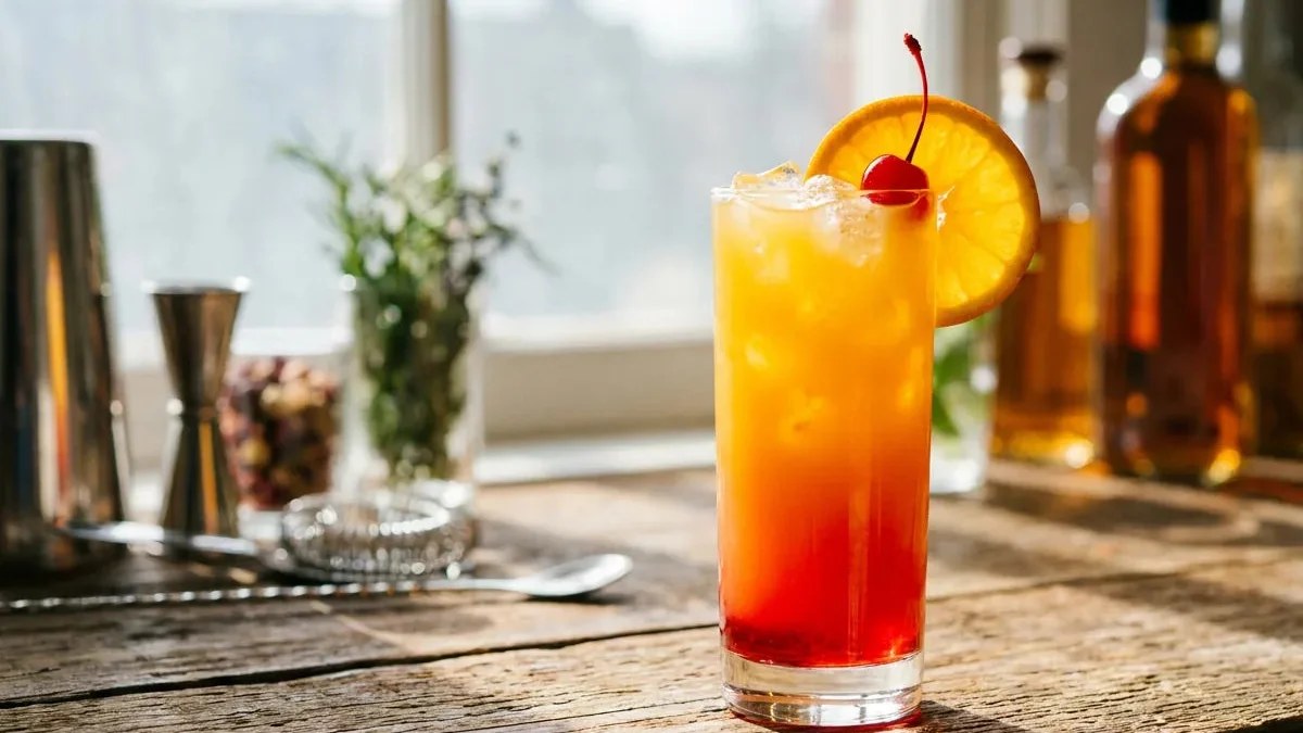 Tequila Sunrise servi dans un verre highball avec glaçons, dégradé rouge orangé et rondelle d'orange