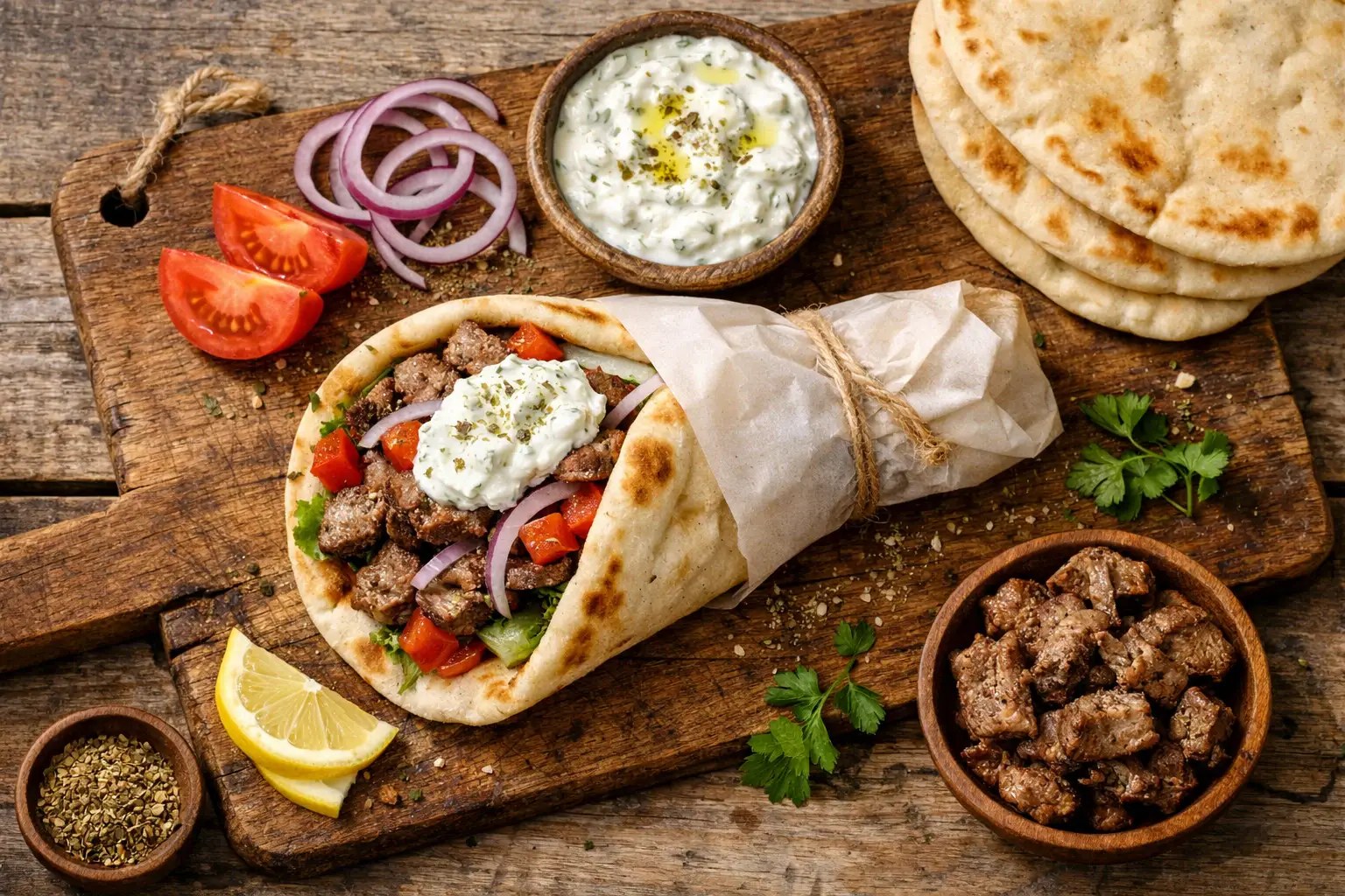 Gyros grec servi dans une pita avec viande, tzatziki, tomates et oignons