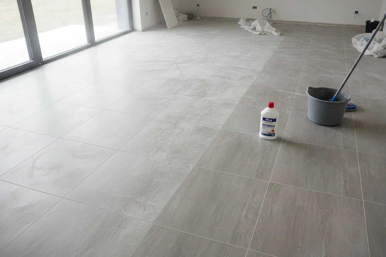 Nettoyage de la laitance d'un carrelage grès cérame à l'éponge humide